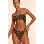 Brown Snake Print Bandeau Cut Out Swimsuit, Brown