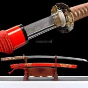T10 Clay Tempered Japanese Katana Brass Sword Full Tang Lacquer OX Horn Sheath.