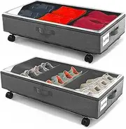 2 Pack Under Bed Storage Rolling Metal Frame Underbed Containers with Wheels Lid Visiable Window Storage Bag Box Organizer Home Closet Organization Drawer Bins for Clothes Shoes Toys Blanketss Grey