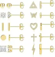 [ALEXCRAFT] Sterling Silver Earrings Set, Multiple Piercing 925 Silver Plated Studs Earrings and Zirconia Earring Set for Women,Small Huggie Hoop Chain Earing