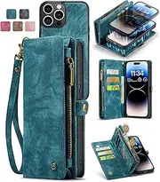 [Ezydigitals] Case for Apple iPhone 15 Pro Max Purse Zipper Leather Wallet Flip Detachable Case Cover - Blue