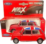 Mini Cooper Model (Red) with Union Jack Top Made of Die Cast Metal and Plastic Parts, Pull Back & Go Action Toy - 384R by Welly