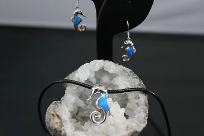 STERLING SILVER INLAY OPAL PENDANT EARRING BEACH SEAHORSE SET