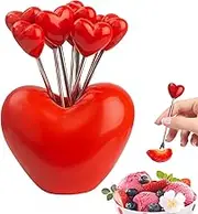 Fruit Picks, Stainless Steel, Cute Forks with Holder, Red, Heart Shape Design, Reusable Metal Sticks for Fruit, Dessert, Cocktail, Appetizers, Portable & Cleanable