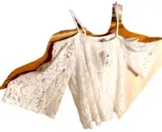 New White Off Shoulder LACE Top Fringe hem Spaghetti straps Blouse Lined L Boho