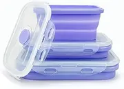Lunbengo Purple Collapsible Meal Prep Containers Camping Bowls Silicone Bento Box with Airtight Plastic Lid, Microwave Safe, Portable Lunch Container, For Food Storage, Travel and Hiking, 3Pack