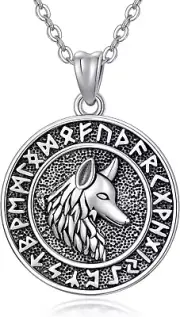 Sterling Silver Viking Runes Wolf Necklace for Men Retro Wolf Coin Witcher Penda