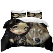 Dark Haired Beautiful Girl and Silver Eyed Wolf Quilt Cover