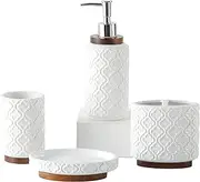 Embossed Ceramic Bathroom Accessory Set with Dark Brown Burnt Wood, Moroccan Trellis Patterns Soap Dispenser Set for Counter Top White Bathroom Set(Moroccan Trellis)