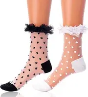 Miaband Ruffle See Through Socks Dot Lace Sheer Socks Tulle Cool Mesh Ankle Socks for Women 2 Pairs