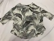 Tahari 100% Linen Black White Tropical Floral Leaf Short Sleeve Top Shirt 3X NEW