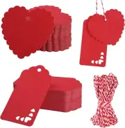 Bighan Heart Gift Tags, 200 Pcs Red Kraft Paper Tags with 20 M String for Val...