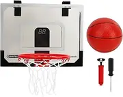 Indoor Mini Basketball Hoop Set for Kids with Electronic Scoreboard Ball Air Pump for Room Wall Mounted and Spring Action Steel Rim Shatter Resistant PC Plastic Backboard