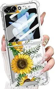 Changjia for Samsung Galaxy Z Flip 6 Clear Floral Case for Women,Cute Flower Pattern Design Soft Silicone+Hard PC Shockproof Girls Slim Transparent Protective Case for Galaxy Z Flip 6 5G (Sunflower)