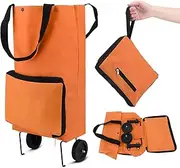 Collapsible Shopping Trolley, Folding Shopping Bag with Rubber Wheels Foldable Shopping Cart Oxford Cloth Shopping Bags Reusable Shopping Cart for Supermarket,Capacity Bag (Orange) (R-1)