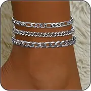 [PINCHUAN] Silver Ankle Bracelets for Women Waterproof Stainless Steel Anklet Adjustable Layered Cuban Silver Anklets Set Summer Beach Foot Jewelry Gift