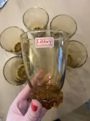 NEW Vintage Libbey Sonnet Amber Glasses Tumblers 4 1/2" Set of 6 Textured Foot