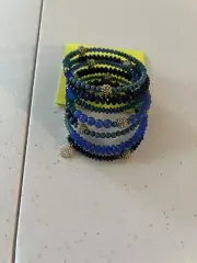 handmade memory wire wrap Bracelet Beaded Dangle Charm Gold Blue