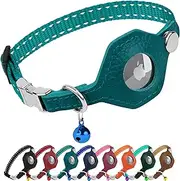 Leather AirTag Cat Collar with Metal Buckle - Reflective Non Breakaway Cat Collars with Apple AirTag Holder and Bell - GPS Tracking Pet Collars for Boy Girl Small Dogs Kitten Puppy (Teal)