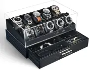 Watch Box, 10 Slots Mens Watch Case with Glass Lid, Watch Display Case with Draw