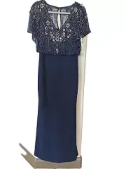 Aidan Mattox Women's Blue Beaded Blouson Short Sleeve Evening Gown dress Size 2