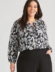 Autograph Top Plus Size 24 Shirt Tunic Blouse Black Print Pearl Button RP$90 NEW