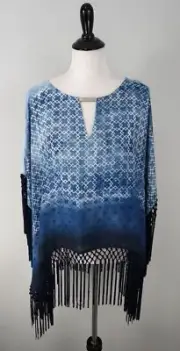 New Chicos Blue White Tassel Fringe Midsummer Night Poncho Top One Size