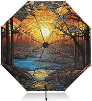 [PDZRMY] Stain Glass Landscape UV Protection Travel Umbrella Compact for Rain and Sun - Auto Open and Close UPF 50+ Windproof Portable 46” Sun Umbrella for Women and Men