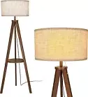 ELYONA Solid Wood Tripod Floor Lamp, Tall Standing Light with Table, Mid Cent...