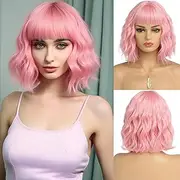 Trendy Lightweight & Breathable Framing Bangs 12 Inches Synthetic Hair Short Wavy Bob Wigs Multiple Colours (Pink)
