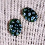 Millefiori Art Glass Cabochons 18x13mm Oval Green Blue White Flowers 2 pcs