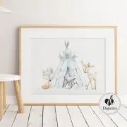 NURSERY BEDROOM CHILDREN'S WALL ART Baby Boy Woodland Animals, Teepee Print