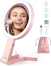 LitBear Travel Makeup Mirror With Lights, Rechargeable Double Sided 10X/1X Magnifying, Portable Lighted Beauty, 3 Color Lighting, Dimmable Touch Screen, Tabletop Handhold Hanging (Pink)