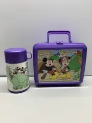 Vintage Mickey & Minnie Mouse Aladdin Plastic Dinosaur Lunch Box & Thermos NOS