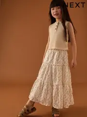 Ecru Pointelle Vest and Floral Print Lace Midi Skirt Set (3-16yrs) (AK4731) | $61 - $74