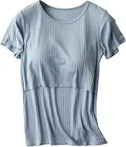 [Generic] Maternity Bunny Shirt Sleeve Side Button Crew Neck Solid Color Tops T Shirt for Breastfeeding Low Cut Maternity Tops