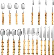 20Pcs Bamboo Silverware Set, Stainless Steel Spoon Fork and Cutter Set, Bamboo Handle Utensil Flatware Set, Bamboo Cutlery, Creative Dessert Forks and Spoons Set for Kitchen Wedding Home Party