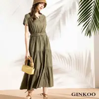 在飛比找momo購物網優惠-【GINKOO 俊克】附腰帶半開襟長洋裝