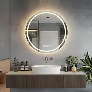 FTL Round LED Bathroom Mirror 600mm, Round Vanty Mirror with 3 Color Temperature, Dimmable Anti-Fog Led Mirror for Bathroom, Brightness Memory Shatterproof Bathroom Vanity Mirror with Lights