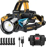 990000 LM Bright Headlamp Zoomable Sensor Red Warning Light, 8 Modes 80 Hours Standby Battery Time Head Lamp, IP68 Waterproof and 120°Angle Head Light for Hunting Hiking Camping Emergency