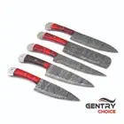 5 Piece Damascus Kitchen Knives Set Red Resin Handle & Leather Sheath Chef Knife