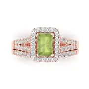 1.60 Emerald Round Cut Halo Natural Peridot Promise Bridal set 14k Rose Gold