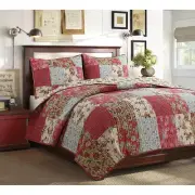 NEW! ~ COZY SHABBY COUNTRY PINK BROWN RED BLUE GREEN LEAF ROSE COUNTRY QUILT SET