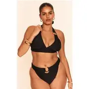 Plus Black O Ring Detail Ruched Triangle Bikini Top, Black