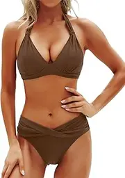 [Yonique] Womens Bikini Set Strappy Two Piece Swimsuit Racerback Side Tie Bathing Suits Cutout Swimwear