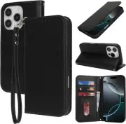 for iPhone 16 Pro Case Leather Wallet Magnetic Flip Cover with Wrist Strap Card