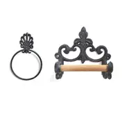 Cast Iron Black Toilet Roll Holder and Towel Holder Set - Wall Mounted Bathroom Accessories