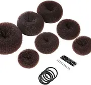 Donut Hair Bun Maker 7 Pieces, KAPASKI Ring Style Bun Maker Set with Hair Bun Makers (1 extra-large, 2 large, 2 medium and 2 small), 5 pieces Hair Elastic Bands, 20 pieces Hair Pins, Dark Brown