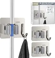 LUMAI Broom Holder Wall Mount Self Adhesive Stainless Steel - Broom Rack Mop Holder Wall Mount, Broom Storage Wall Mount, Shovel Hanger Garage Broom Holder Wall Mount Wall Tool Holder (1x1 3-Pack)