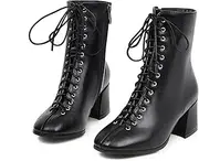 [NEOFEN] Goth Ankle for Women Chunky Block High Heel Booties Lace Up Buckled Combat Boots